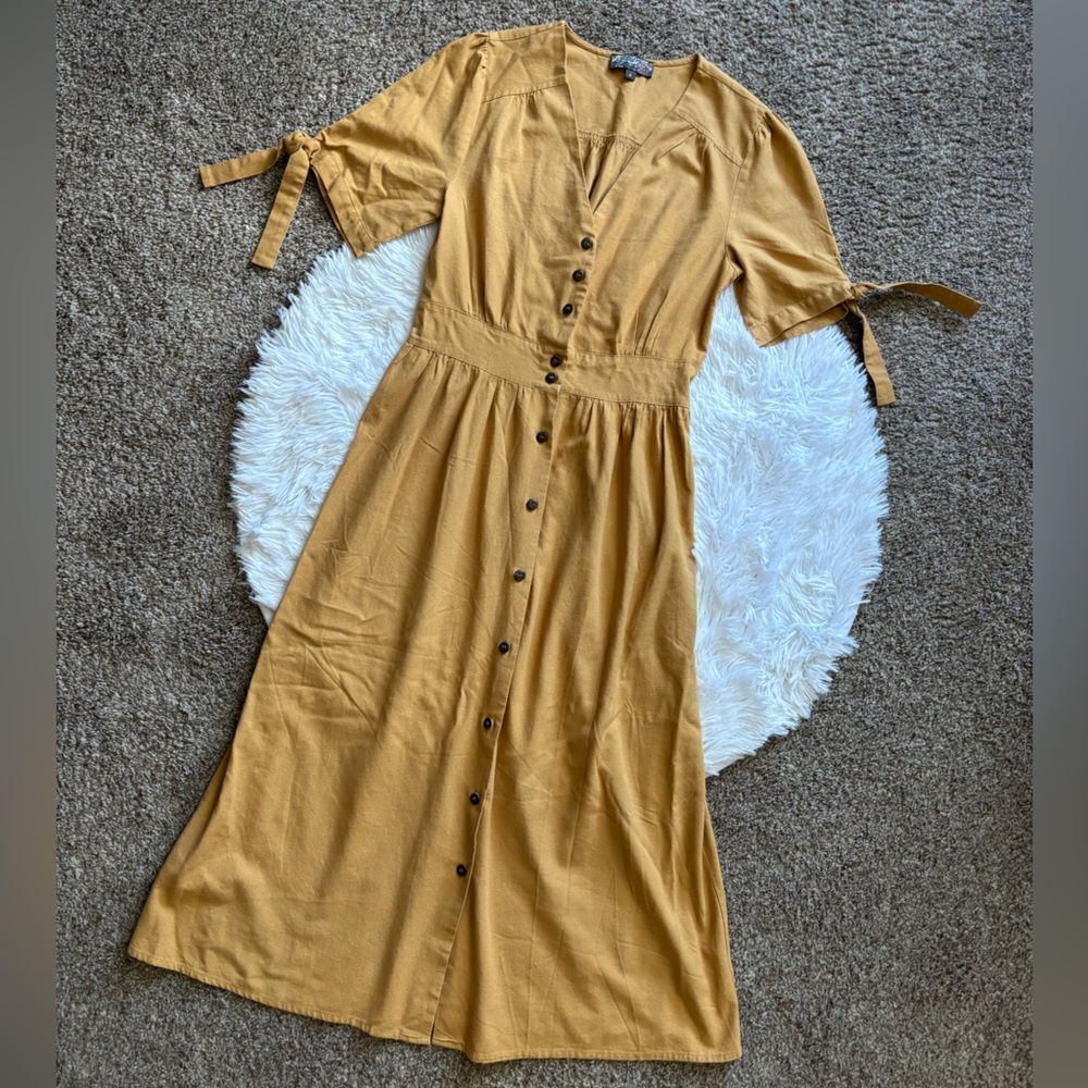 J Gee Dress Linen Rayon Button‎ Down Mustard Womens Size Small